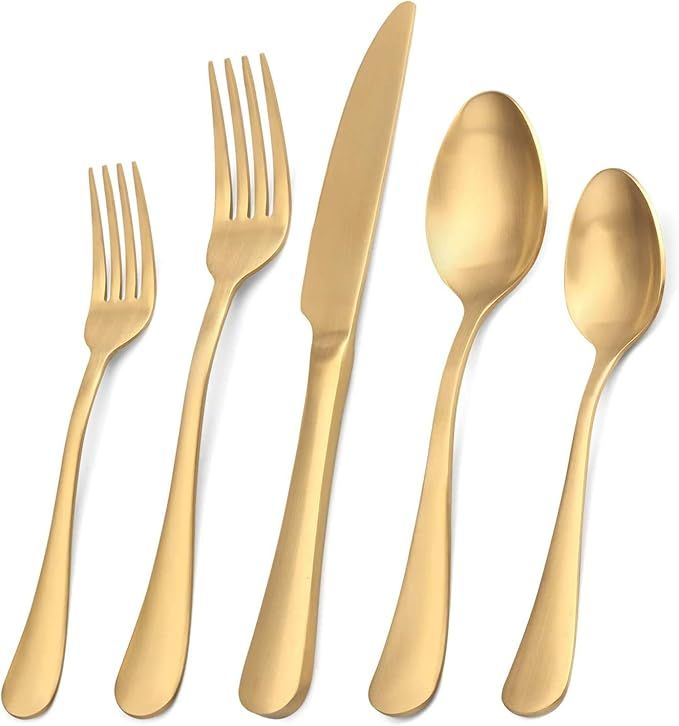 Matte Gold Silverware Set,SHARECOOK Satin Finish 40-Piece Stainless Steel Flatware Set, Kitchen U... | Amazon (US)