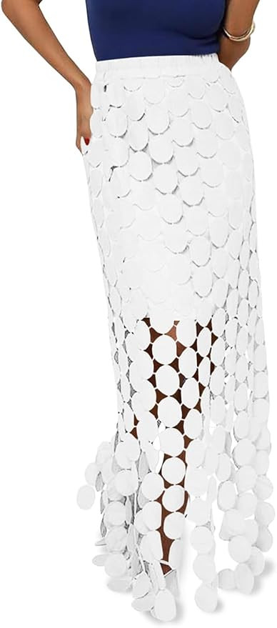 Arssm Womens Hollow Out Maxi Skirts Boho Fringe Hem Skirt Elastic High Waist Long Skirt Flowy Out... | Amazon (US)