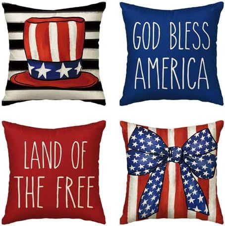 AVOIN colorlife Watercolor 4th of July Patriotic Throw Pillow Covers 18x18 Set of 4, Memorial Day... | Amazon (US)