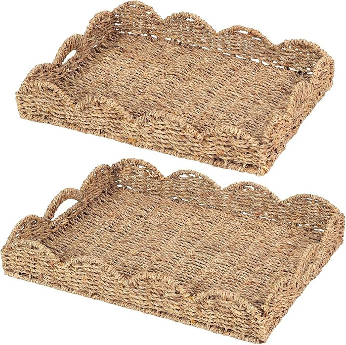 2Pcs - Scalloped Basket, Decorative Basket, Seagrass Tray (17 x 13 x 3 inch - 2Pcs) with Scallope... | Amazon (US)