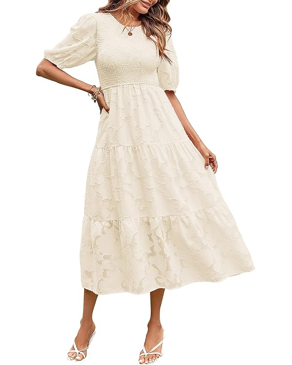 MEROKEETY Women's 2023 Summer Puff Sleeve Smocked Floral Dress Crewneck Lace Flowy Tiered Midi Dr... | Amazon (US)