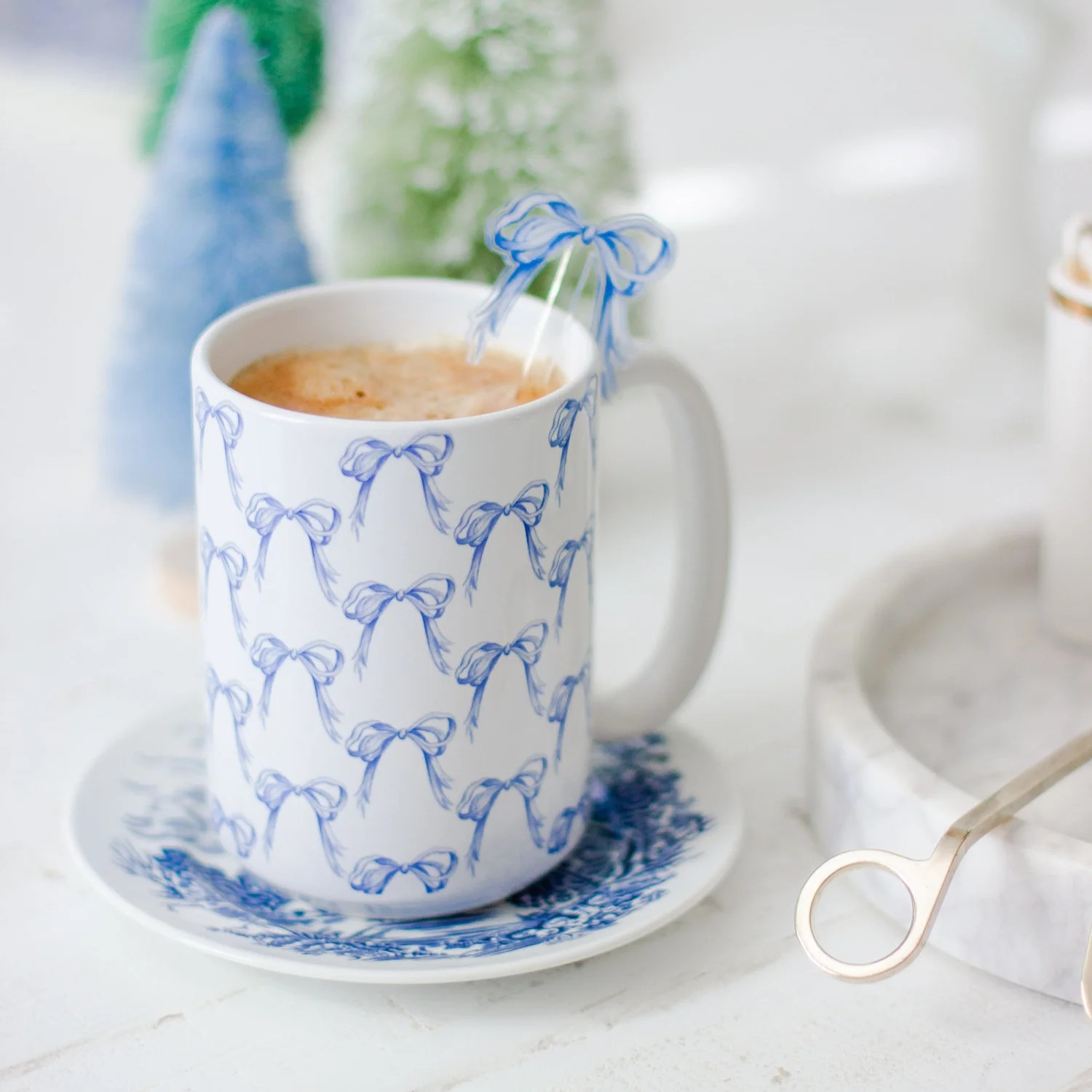 Blue and White Grandmillennial Bows 15oz Tall Watercolor Mug — Simply Jessica Marie | Simply Jessica Marie