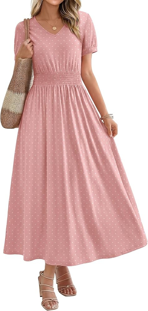 OFEEFAN Maxi Dresses for Women V Neck Ladies Midi Long Dress A Line Smocked Waisted Casual Summer... | Amazon (US)