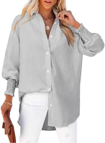 Women's Striped Button Down Shirts Long Sleeve Smocked Cuffed Oversized Boyfriend Blouses Collare... | Amazon (US)