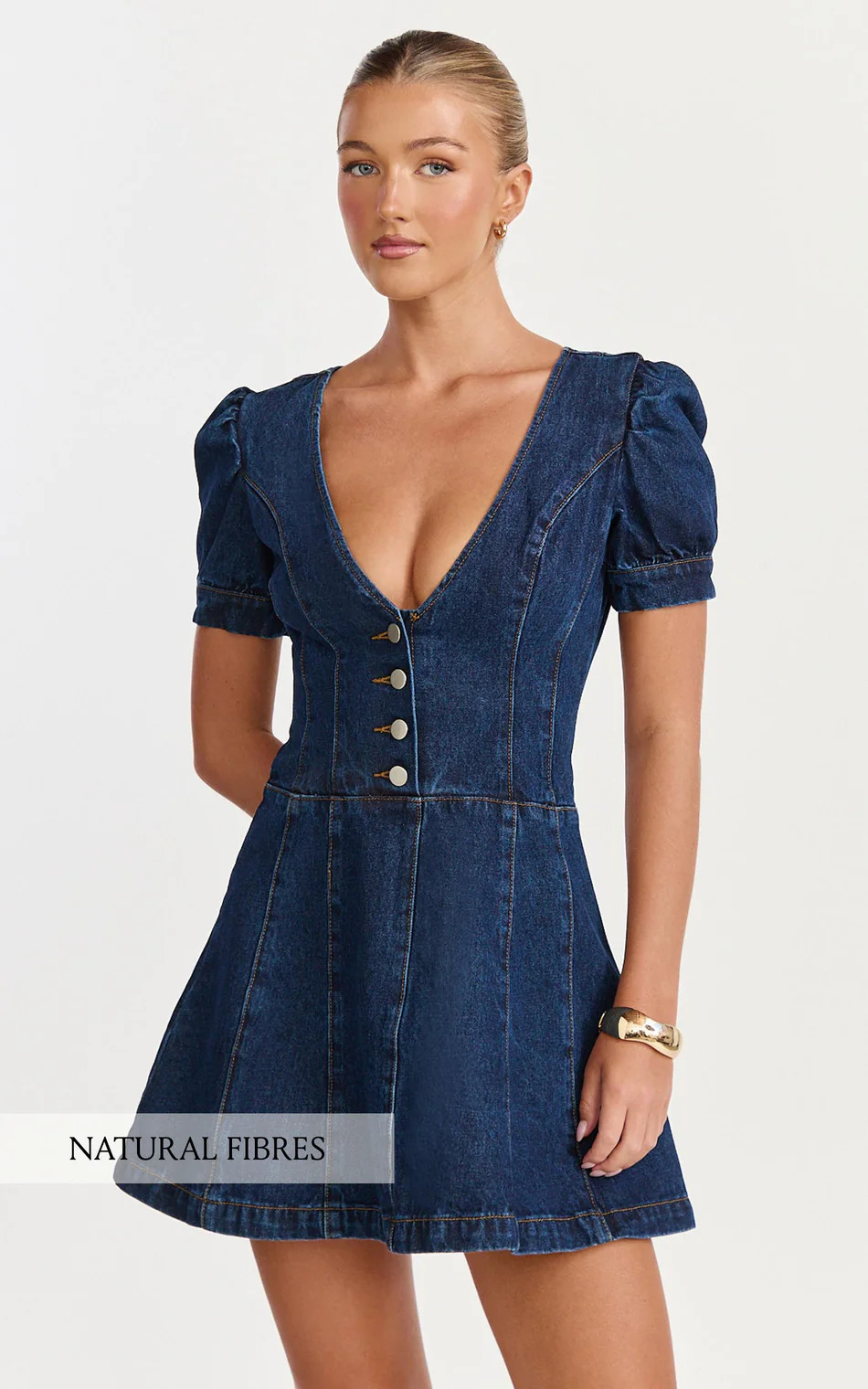 Puff Sleeve V Neck Button Down Denim Dress in Dark Blue Wash | Showpo (US, UK & Europe)