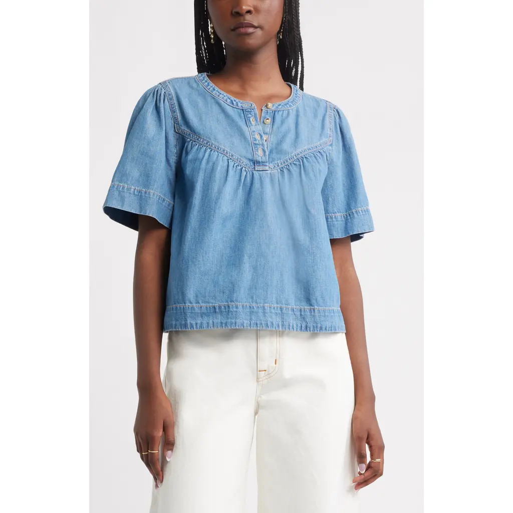 Treasure & Bond Shirred Short Sleeve Chambray Top in Medium Wash at Nordstrom Rack, Size Small | Nordstrom Rack