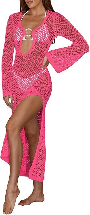 Saodimallsu Womens Crochet Cover Ups Sexy Mesh Long Sleeve Knit Split Swimsuit Coverup Summer Lon... | Amazon (US)