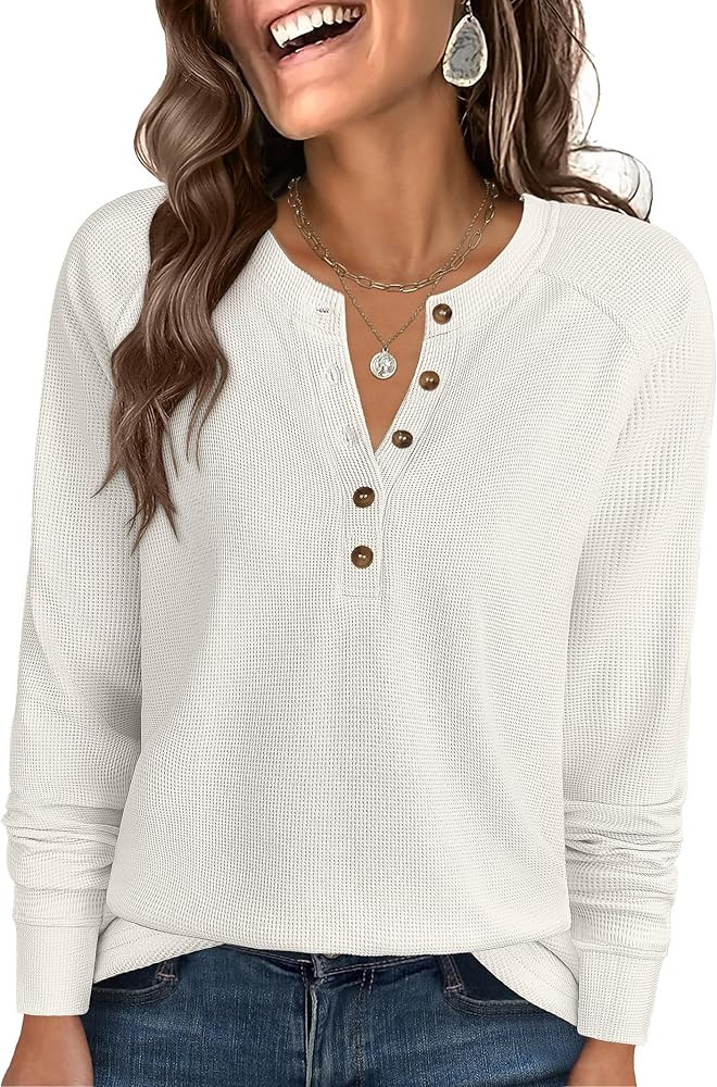 ANRABESS Women's Long Sleeve Waffle Knit Shirts Dressy Casual Loose Button Up V Neck Henley Tops ... | Amazon (US)
