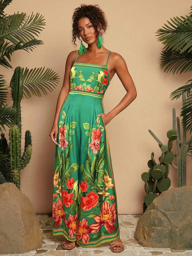 Travachic Woven Printed Loose Wide Leg Jumpsuit For Women, Christmas Outfit, New Year Clothes, Th... | SHEIN