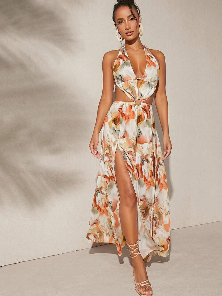 SHEIN Frenchy Ladies" Halterneck Print Maxi Dress, Casual/Everyday-Wear, Suitable For Beach Vacat... | SHEIN