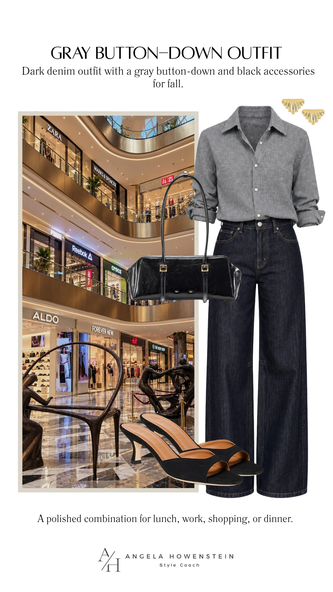Dark denim and a gray button-down are such a good fall combination. Add a structured black bag and black heels, and you have a polished outfit that works for lunch, meetings, shopping, or dinner.

👩‍💻 LTK PRO TIPS
❤️ Heart = Support my posts ;-)
🔖 Save = Get sale & restock alerts for the things you love!
📋 Lists = Keep favorites organized (List ideas: Christmas, Birthdays, and Vacations!)
📲 Share = Send lists and products to a friend (or your daughters like me).
💬 Comment = Ask me anything, and I’ll answer. ;-) 

 #LTKootd #LTKSeasonal #LTKOver40