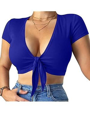 LCNBA Deep v Neck Short Sleeve Crop Top,Bandage Cross Wrap Tie Up Crop Tops | Amazon (US)
