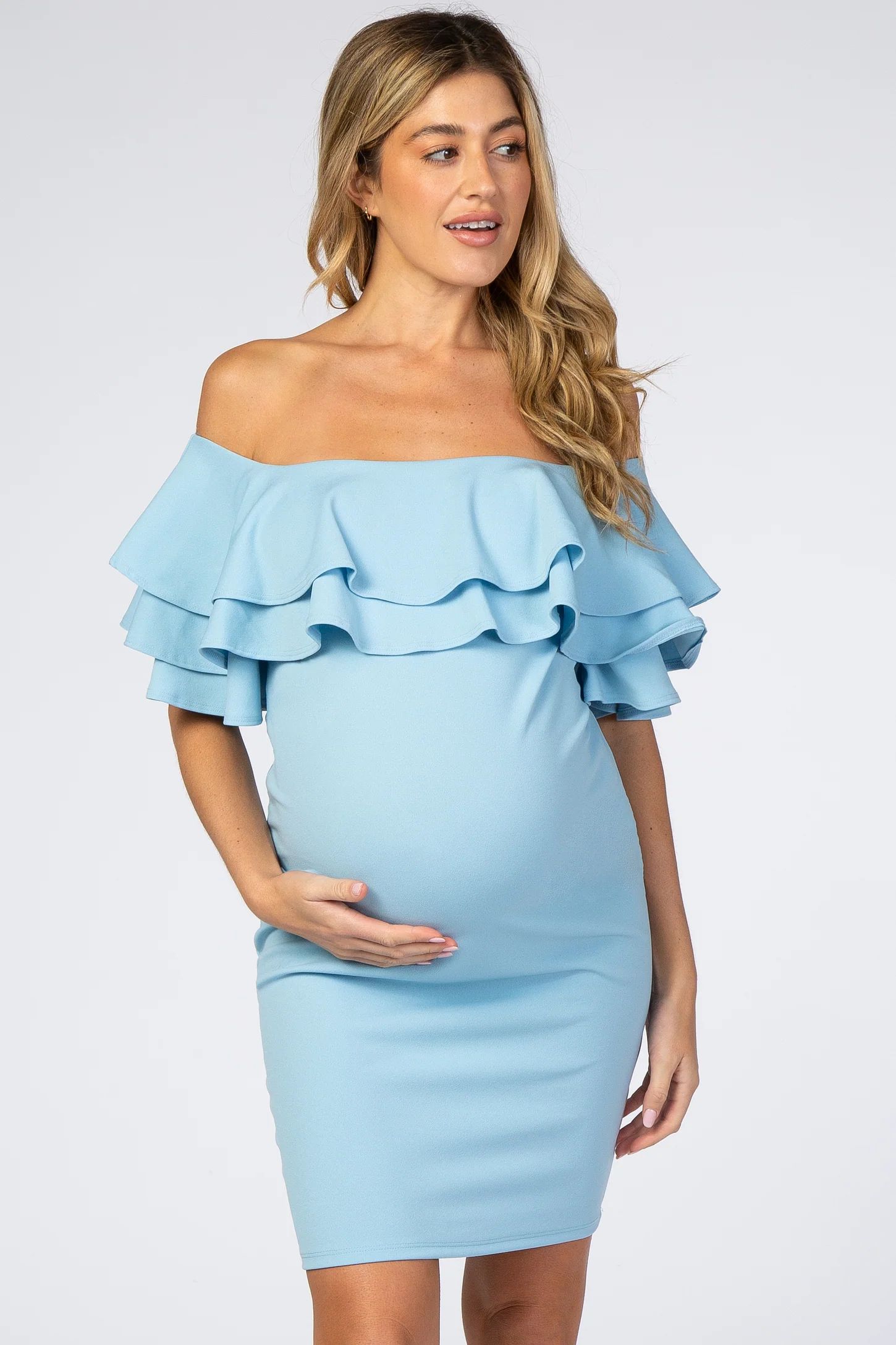 Turquoise Layered Ruffle Off Shoulder Fitted Maternity Dress | PinkBlush Maternity