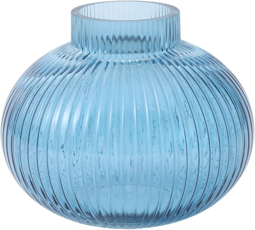 Blue Glass Vase for Tulips, Ribbed Glass Vase for Flowers, Round Flower Vases, Small Short Vases ... | Amazon (US)