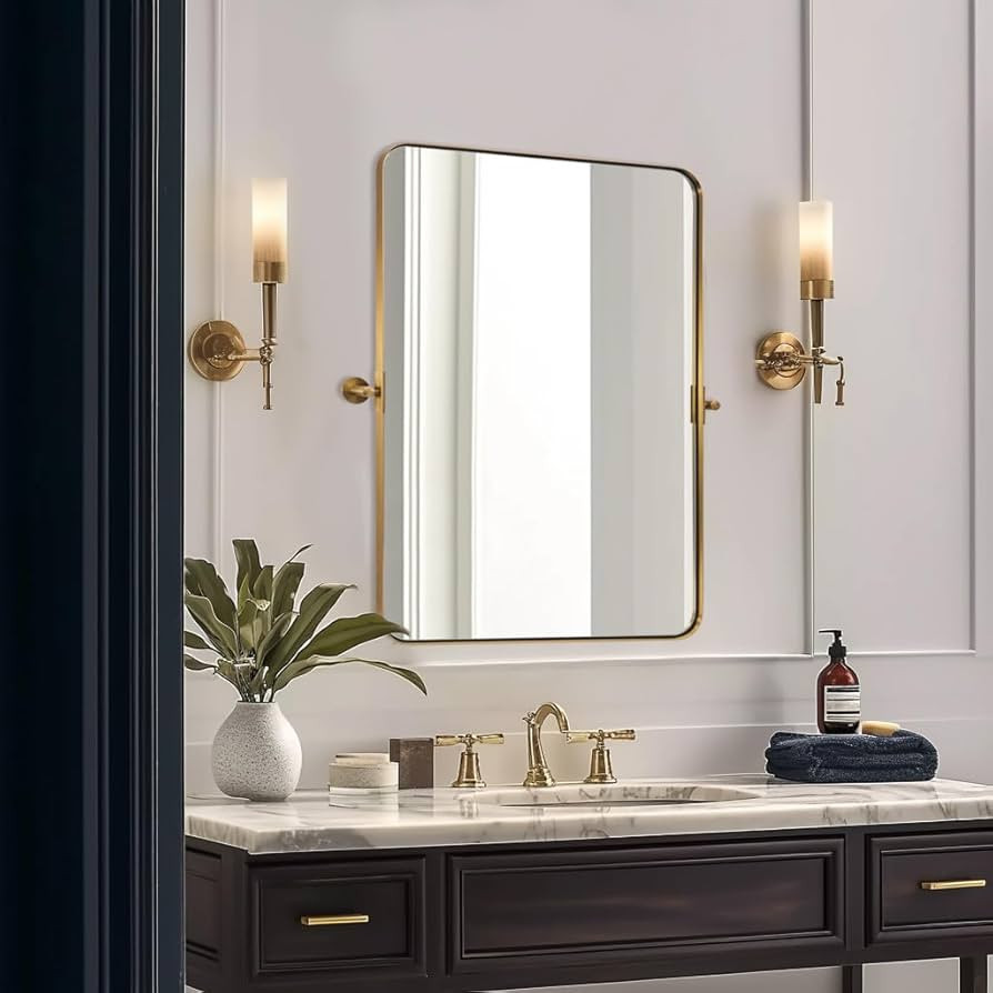 MOON MIRROR Brushed Gold Pivot Mirror,Brass Tilt Rectangle Pivot for Bathroom, Overall 28.33 x 32... | Amazon (US)