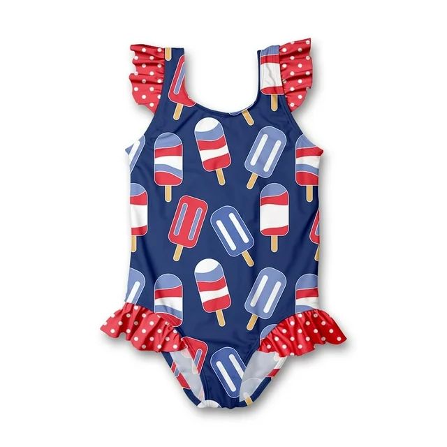 Millie Loves Lily Female Navy & Red Popsicles Ruffle-Accent Swimsuit One-piece UPF 50, Sizes 2-10 | Walmart (US)