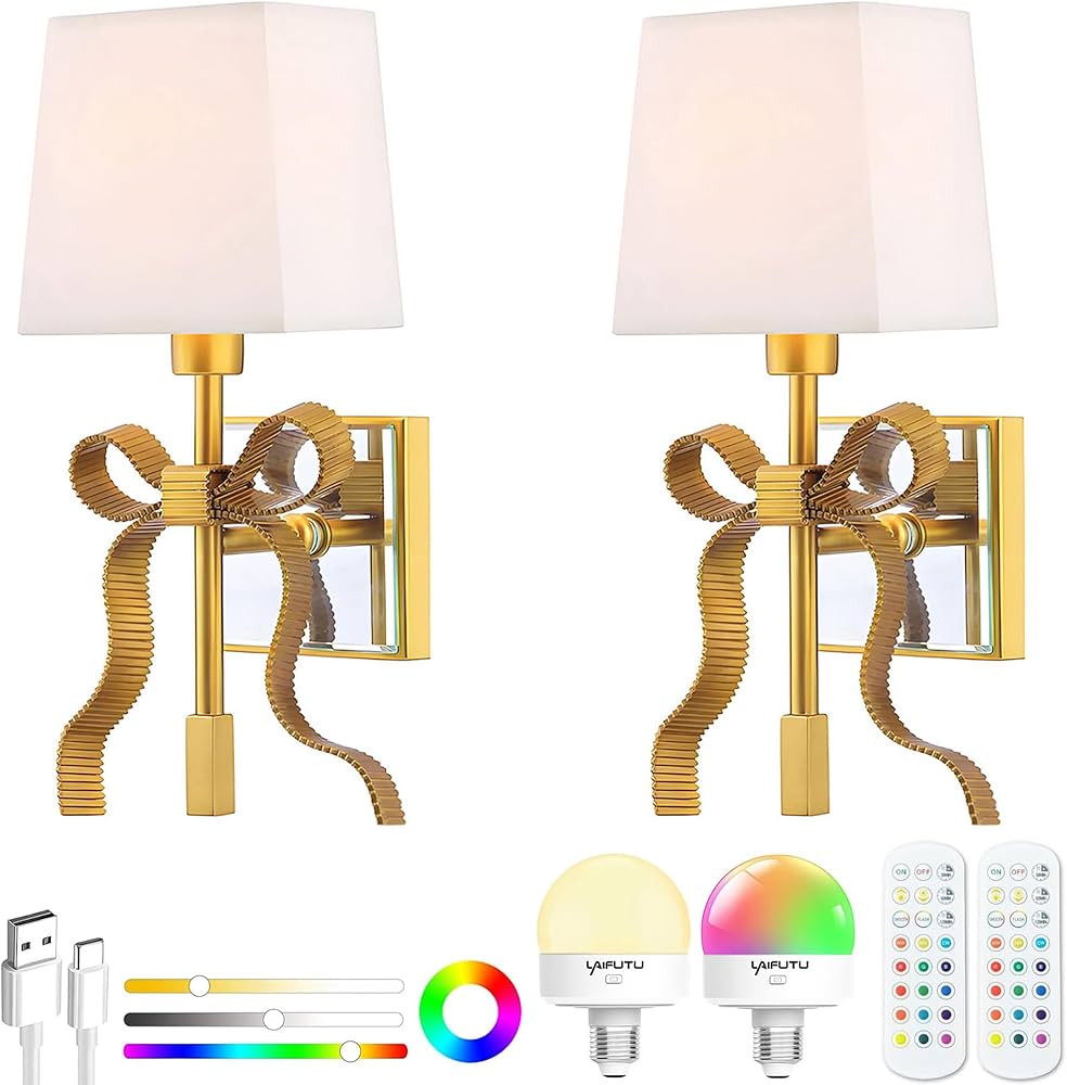 Battery Operated Wall Sconces Set of 2, Gold Rechargeable Bow Wall Light with 5200mAh Dimmable Bu... | Amazon (US)