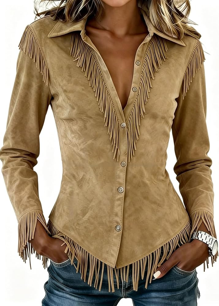 Women Faux Suede Western Fringe Shirt Vintage Button Down Slim Fit Blouse | Amazon (US)