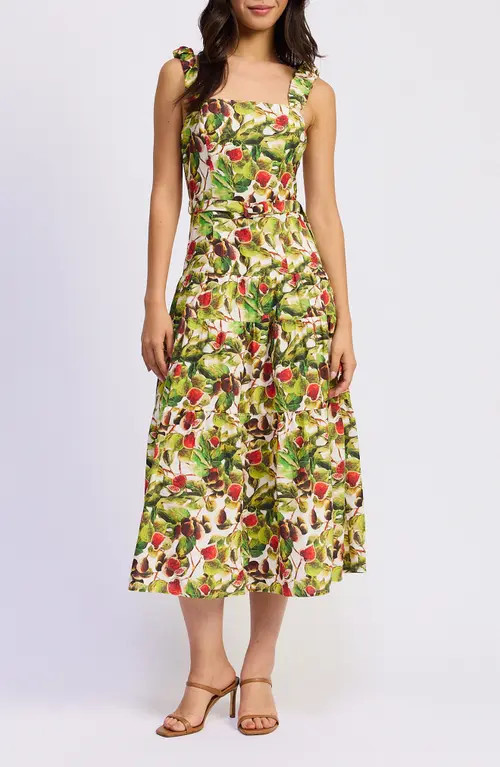 En Saison Scottie Fig Print Cotton Blend Midi Dress in White Red Olive at Nordstrom, Size Small | Nordstrom