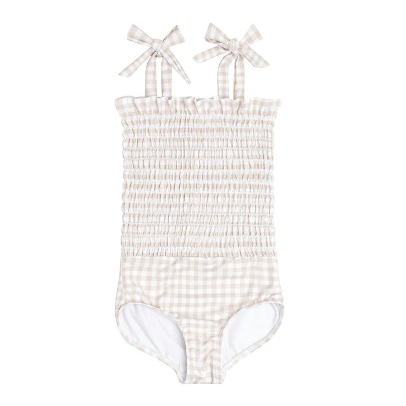 girls tan gingham smocked one piece | minnow