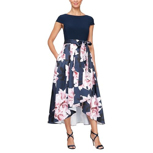 S.L. Fashions Women's Floral High-Low Gown with Pockets and Stretch Bodice, Wedding Guest Dress (Petite and Regular Sizes), Navy Light Pink, 14P | Amazon (US)