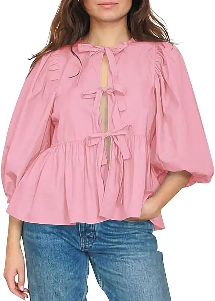 Women Y2K Peplum Shirt Bow Blouse Tie Up Front Puff Short Sleeve Ruffle Babydoll Top | Amazon (US)