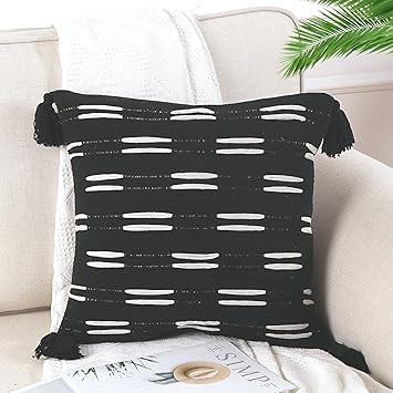 Sungea Black and White Decorative Throw Pillow Covers, 18x18 Inch Woven Tassel Boho Farmhouse Mod... | Amazon (US)