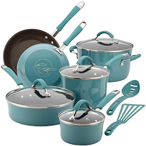 Rachael Ray Cucina Nonstick Cookware Pots and Pans Set, 12 Piece, Agave Blue | Amazon (US)