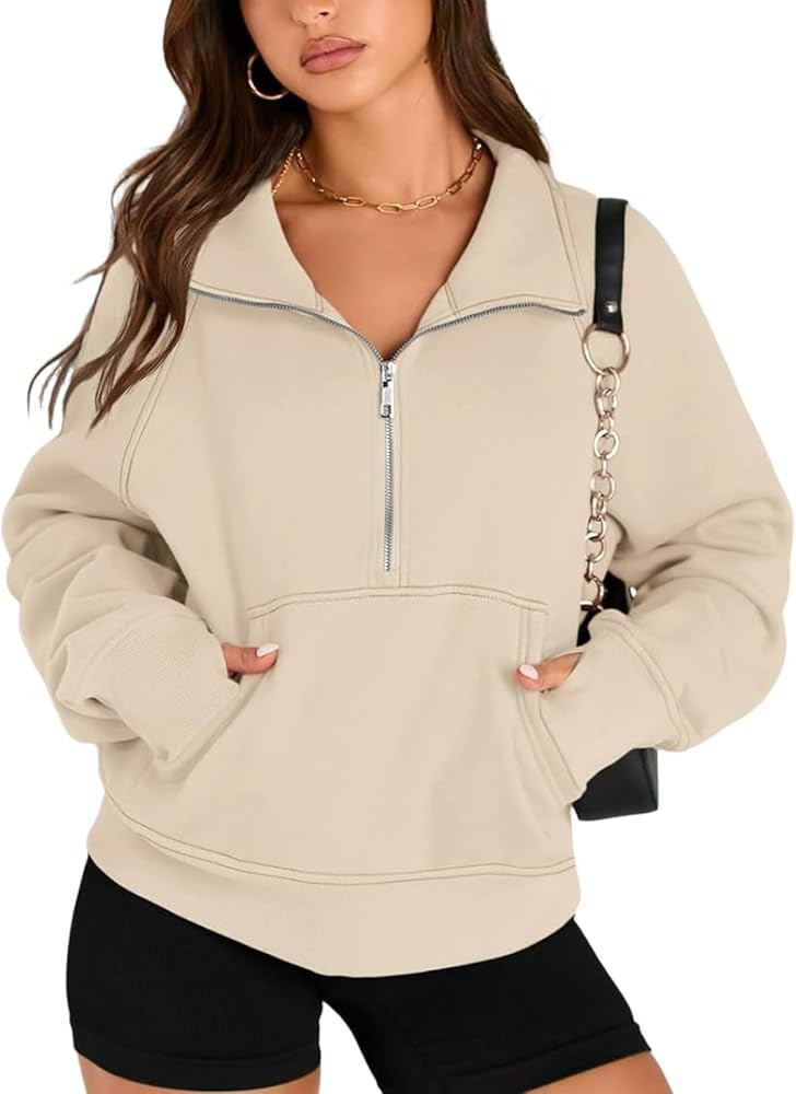 Women's Solid Zip Up Thermal Lined Sporty Sweatshirt, Casual Basic Loose Long Sleeve Kangaroo Poc... | Amazon (US)