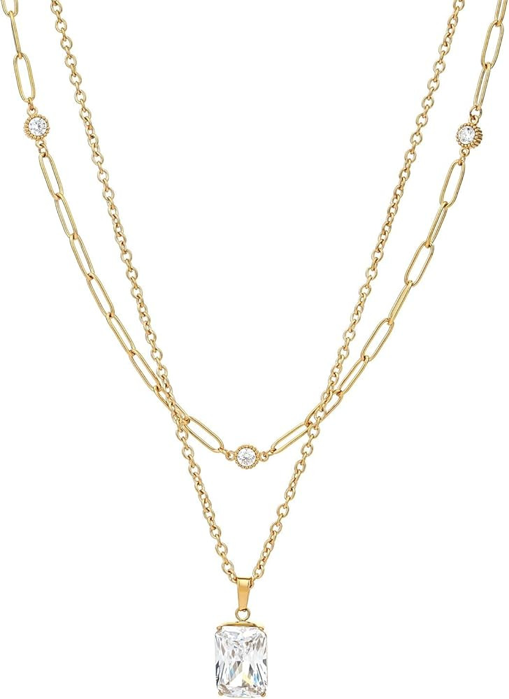 Birthstone Layered Pendant Paperclip Necklace 18k Gold Plated Heart Choker Chain Necklace Emerald... | Amazon (US)