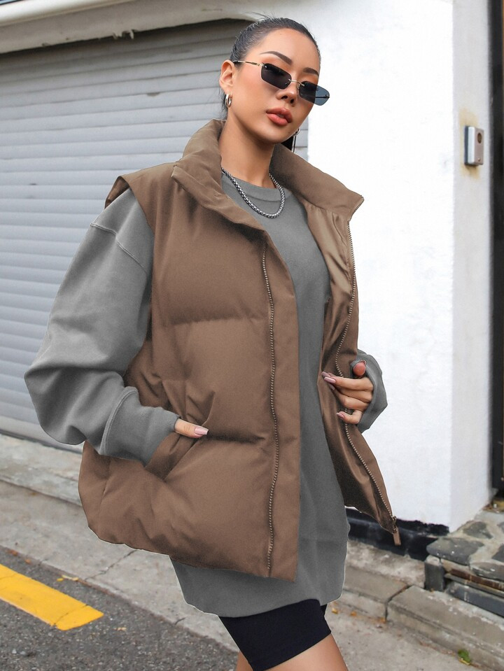 DAZY Zip Up Puffer Vest Thick Pockets Coat | SHEIN