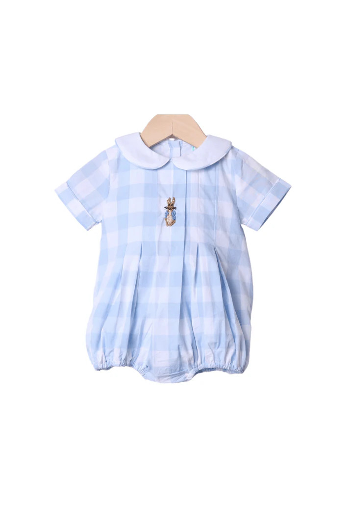 French Knot Peter Rabbit Blue Gingham Bubble | The Smocked Flamingo