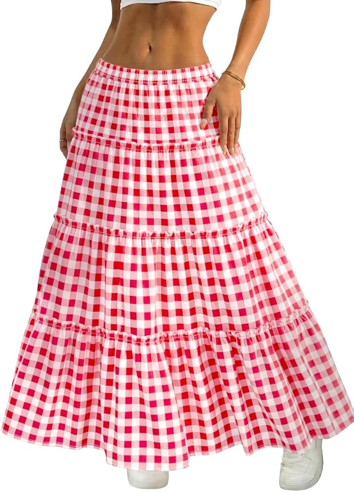 ELLEVEN Women's Gingham Tiered Boho Maxi Skirt - A-Line Elastic Waist Flowy Plaid Skirt for Summe... | Amazon (US)