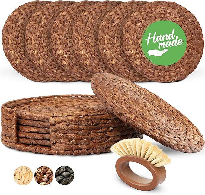 DecoraWell Round Woven Placemats Set of 6 with Bamboo Brush, Handmade, Wicker Placemats with Hold... | Amazon (US)