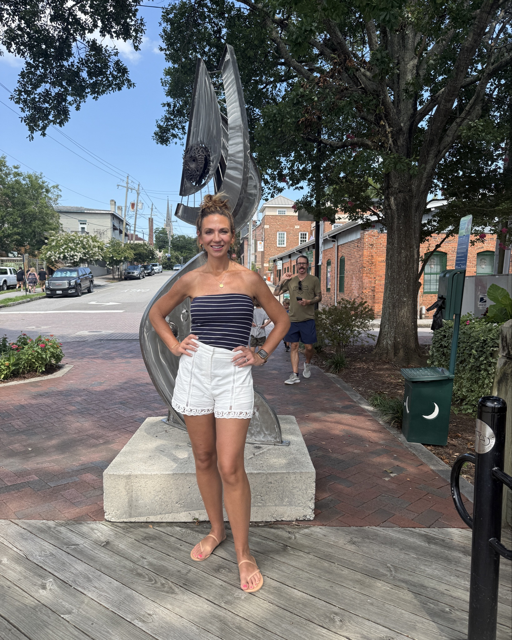Summer date night with my girl in Wilmington 🌊✨ Styled these crisp white Zara shorts with a classic striped tube top from Target for an easy travel outfit that feels fresh, flirty, and beach-town ready. Linked this look + my go-to accessories for summer nights out!

Catch the Zara sale! These shorts are still available in black. Linked similar embroidered white Zara shorts in white 
Wearing a size 6
Top in medium 

Sandals go with everything! 

#LTKsummer #TravelOutfit #SummerDateNight #ZaraStyle #TargetFinds #WilmingtonNC #LTKstyletip


#LTKTravel #LTKSaleAlert #LTKFindsUnder50