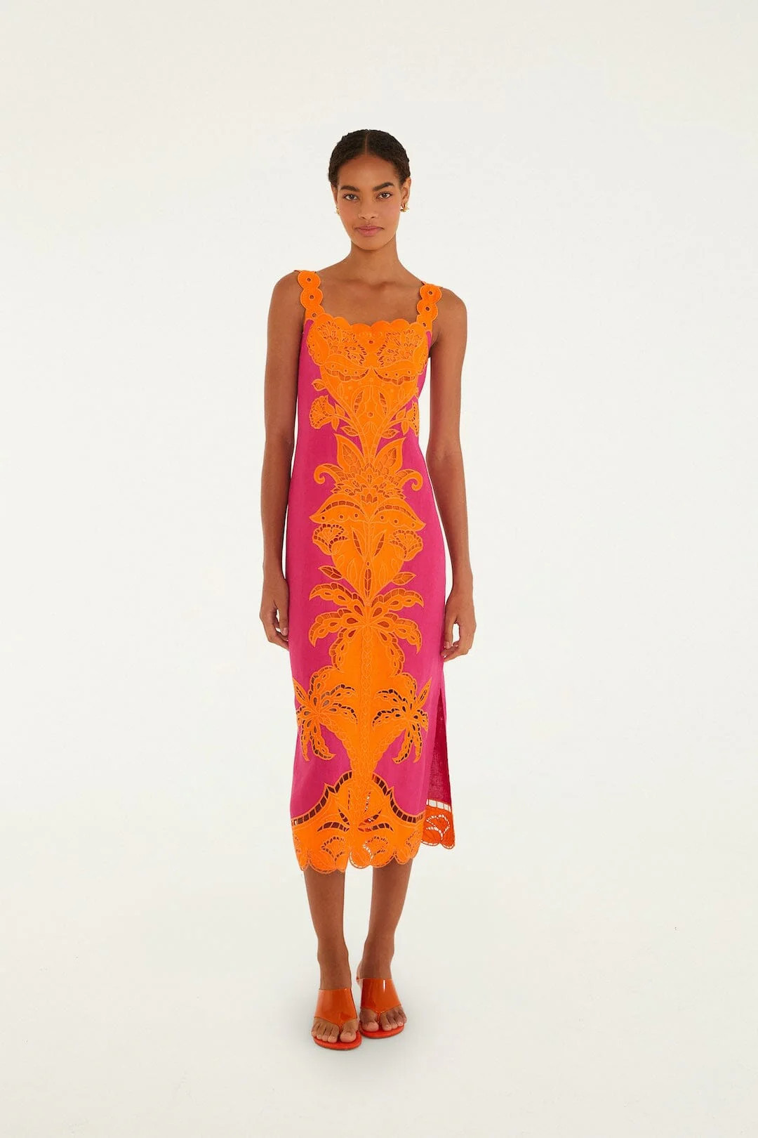 Pinke Cutwork Euroflax Premium Linen Midi Dress, PINK AND ORANGE / XXS | FarmRio (US)