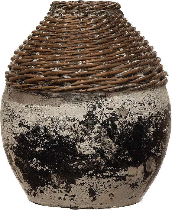 Creative Co-Op Hand-Woven Rattan & Clay, Distressed White (Each One Will Vary) Vase, Brown | Amazon (US)