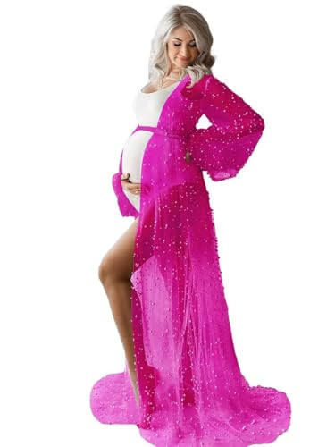 Pearl Maternity Photoshoot Dresses Long Sleeve Tulle Robe for Women Bridal Lingerie Dressing Gown Pregnancy BabyShower Dress Fuchsia L-XL | Amazon (US)