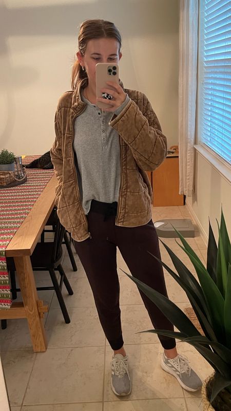 My on-the-go mom style – sneakers, joggers, oversized quilted jacket, and a cozy waffle Henley shirt. Comfort meets confidence. 

#LTKfamily #LTKfindsunder50