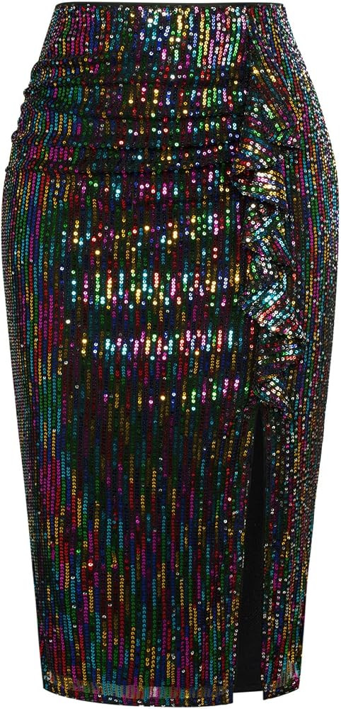 Kate Kasin Sequin Skirt Midi High Waisted Skirt with Side Slit Ruched Bodycon Sparkly Skirt Penci... | Amazon (US)