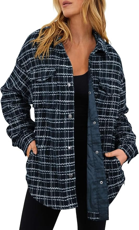 SHEWIN Women 2024 Long Sleeve Button Down Shackets Fashion Plaid Pocket Shirts Jacket | Amazon (US)