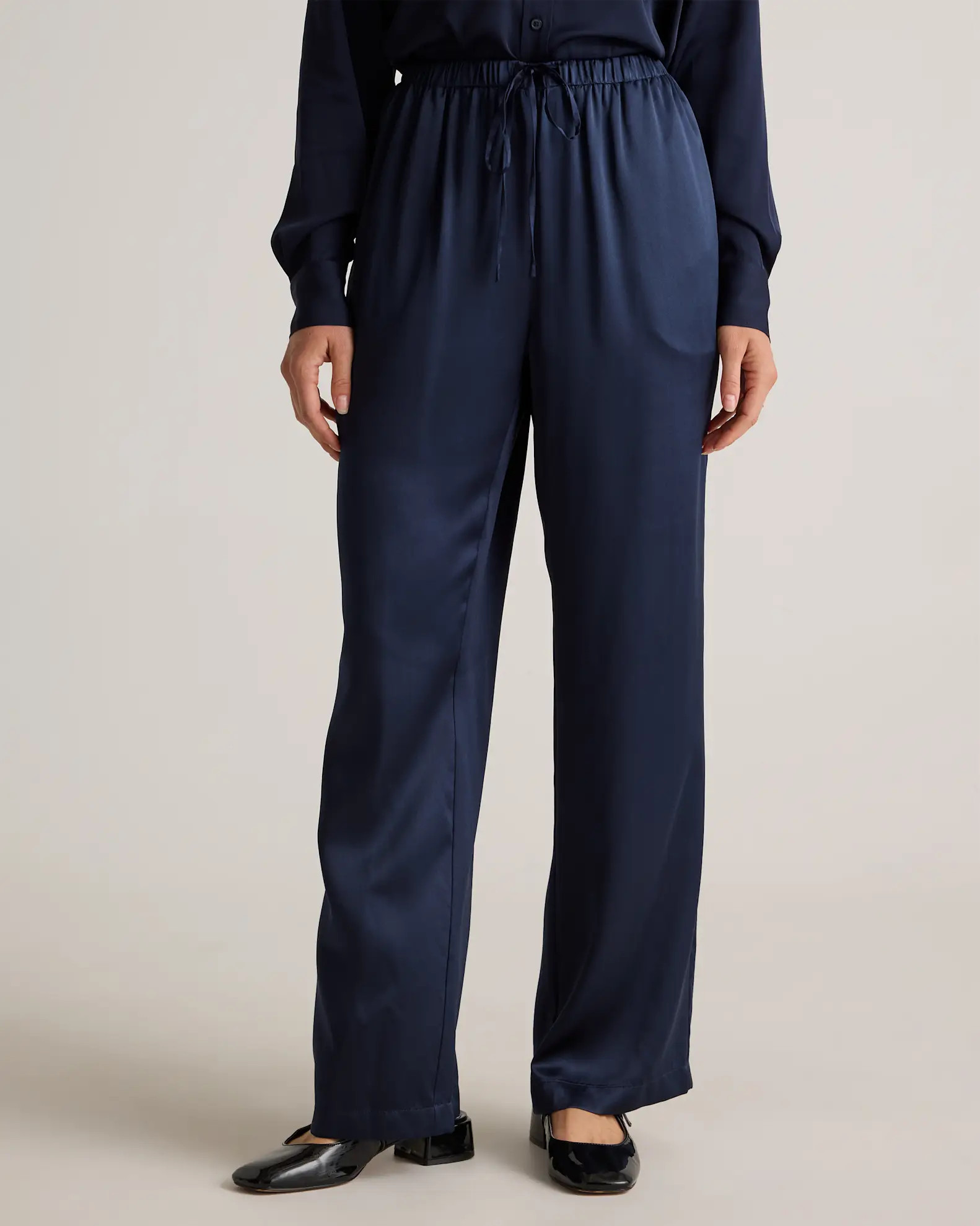 100% Washable Silk Drawstring Wide Leg Pants in Navy | Quince