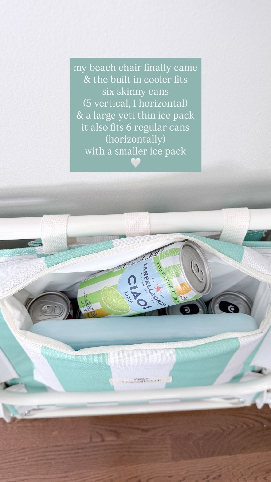 My beach chair with built in cooler pocket. This little built in cooler is the perfect size to stow your drinks for a day at the beach. Six skinny cans fit perfectly with the large thin yeti ice pack, and you can also fit six regular sized cans stacked horizontally with a smaller ice pack. Although the chair and cooler pocket seems pretty lightweight. The cooler pocket is also insulated enough where you don’t feel it when you’re lounging.

#LTKSeasonal #LTKHome