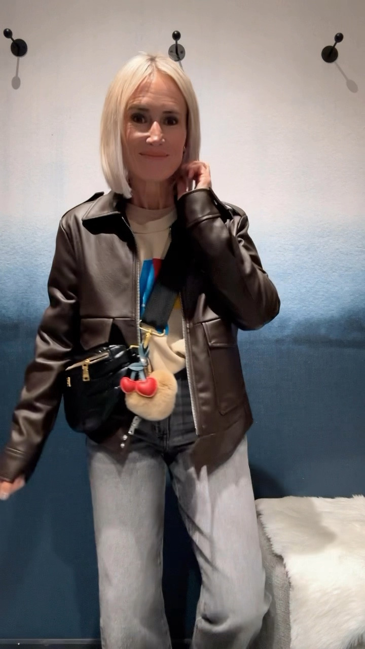 Brown faux leather jacket is so cute!  In my true size xs
Love these faded black jeans in my true size 24

Hand free bag with bag charms
Fall outfit, Fall Style

#LTKOver40 #LTKStyleTip #LTKItBag