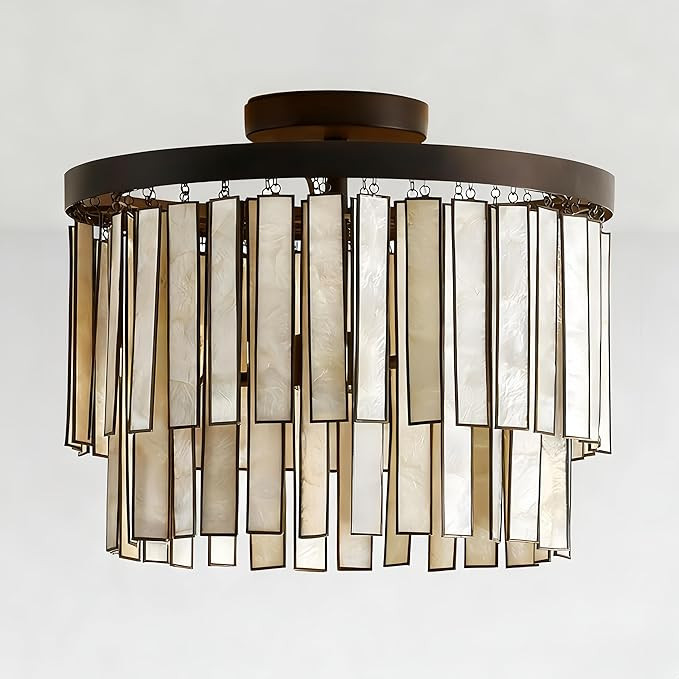 Coastal Capiz Flush Mount, 15 Inch Bronze Ceiling Light with Rectangular Shells Panes, Luxury Han... | Amazon (US)