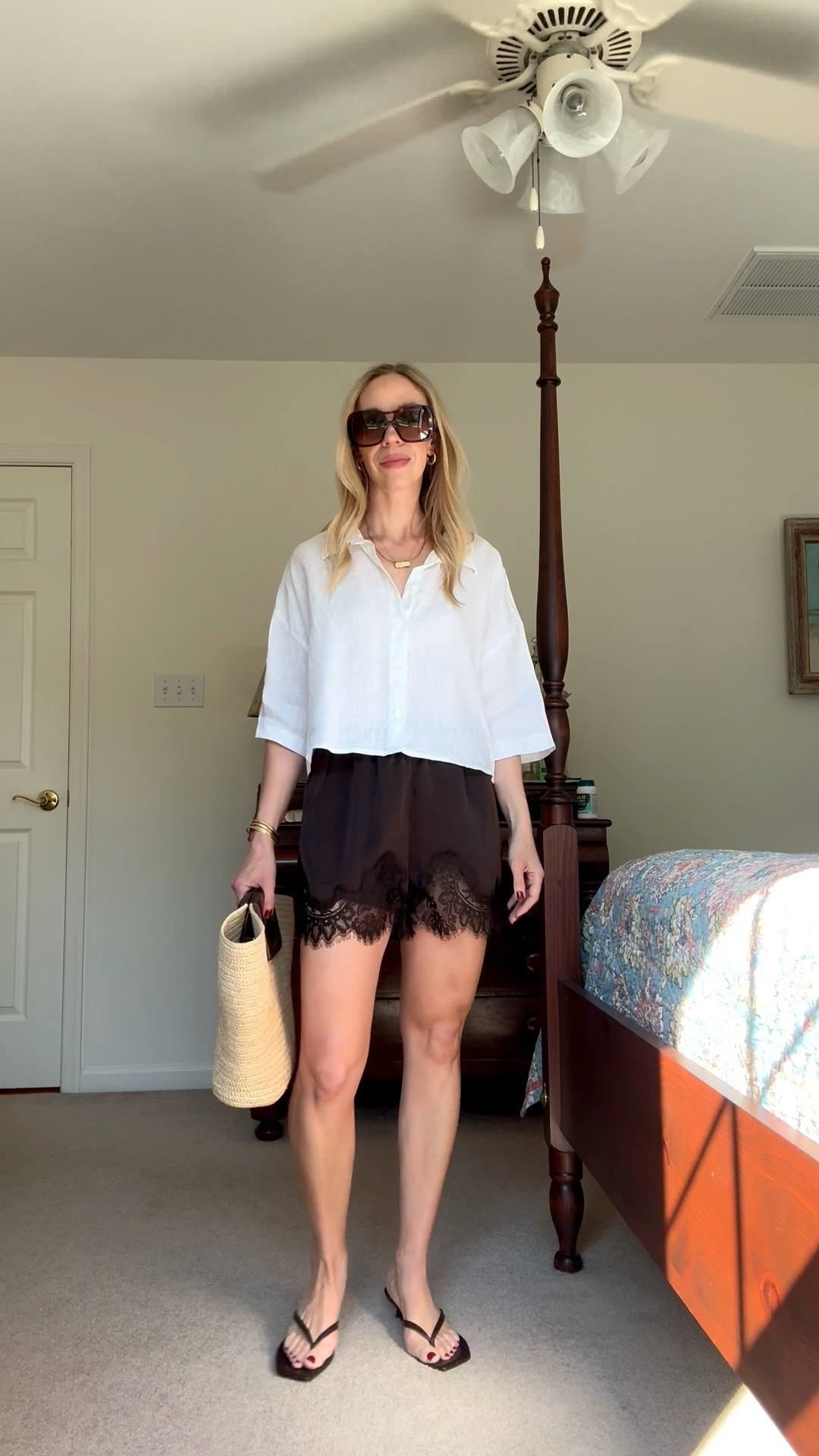Lace shorts outfit, over 40 summer outfit, Le Tanneur straw tote bag

#LTKSeasonal #LTKOver40 #LTKSaleAlert