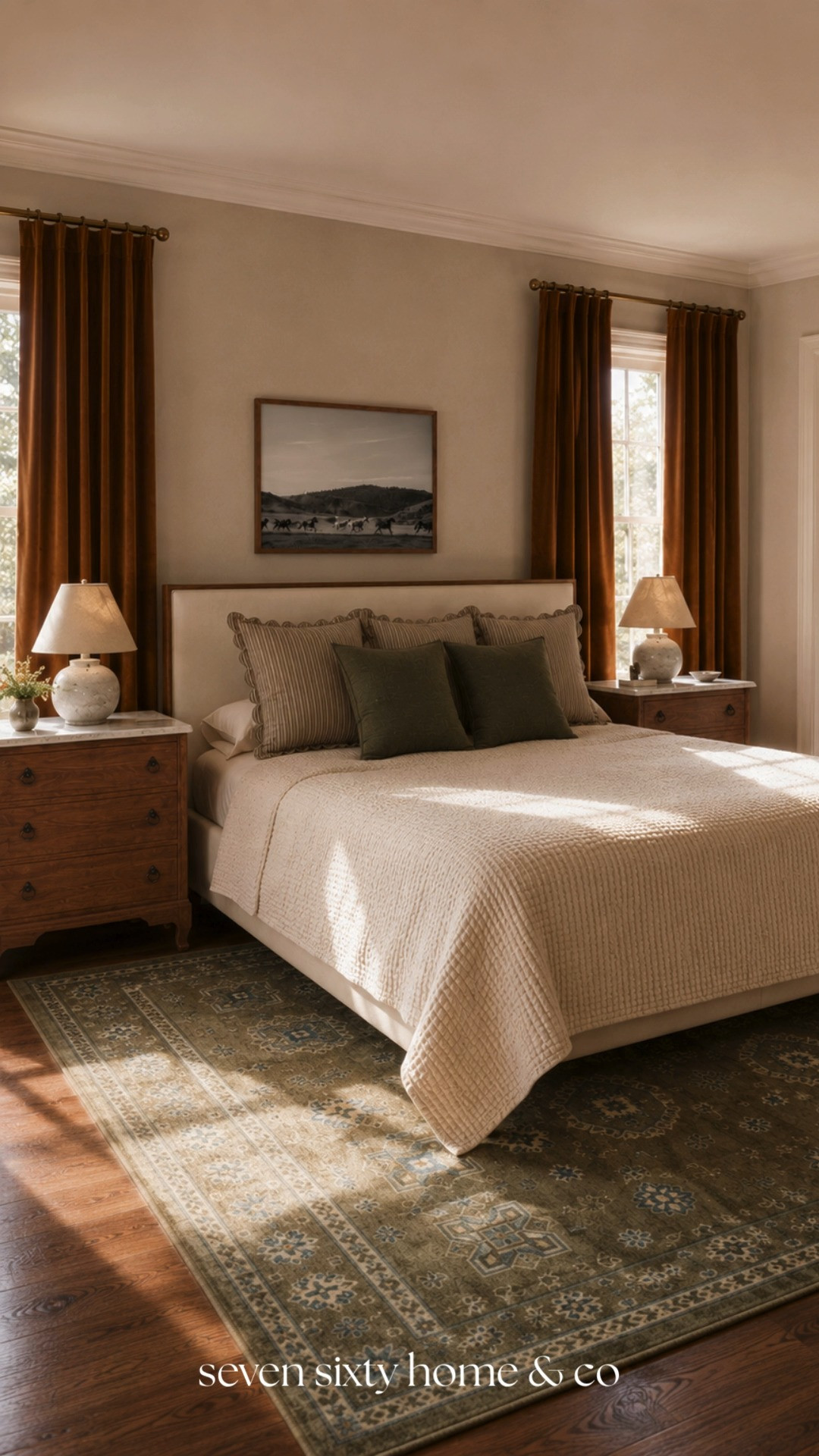 Your dream home, ready one room at a time ✨

This rustic farmhouse bedroom blends warm traditional style with soft layered neutrals for a space that feels both elevated and comfortable. From the earthy olive accents to the tailored curtains and vintage-inspired rug, every piece was chosen to create a calm, designer-inspired bedroom with timeless appeal.

If you love cozy farmhouse bedrooms, warm neutral interiors, collected home decor, rustic traditional design, or elevated cottage-inspired spaces, this bedroom is filled with beautiful layered details to recreate the look.

Classic furniture, soft textures, warm wood tones, neutral bedding, and cozy lighting will always make a bedroom feel timeless. 

 #LTKHome