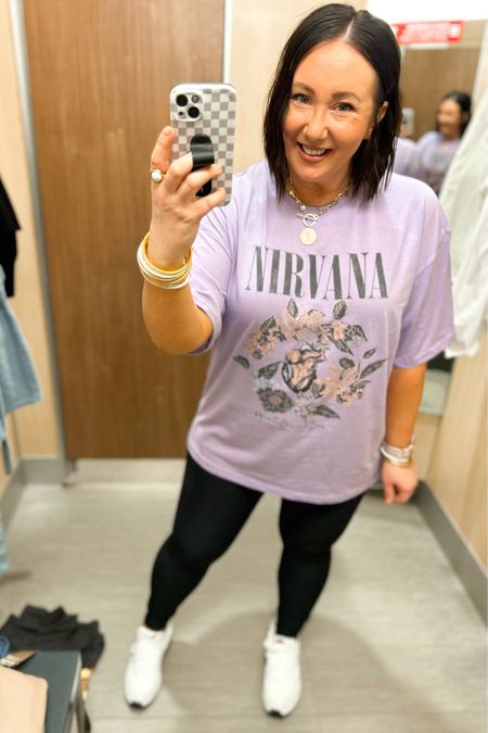 30% off tees at Target through the day on 3/16!  Love the colors on this new Nirvana graphic tee!  Size xxl in mine for an oversized fit. Love that this is long enough for leggings. XL leggings. Sized up half a size in the Nikes  

#LTKSeasonal #LTKmidsize #LTKsalealert