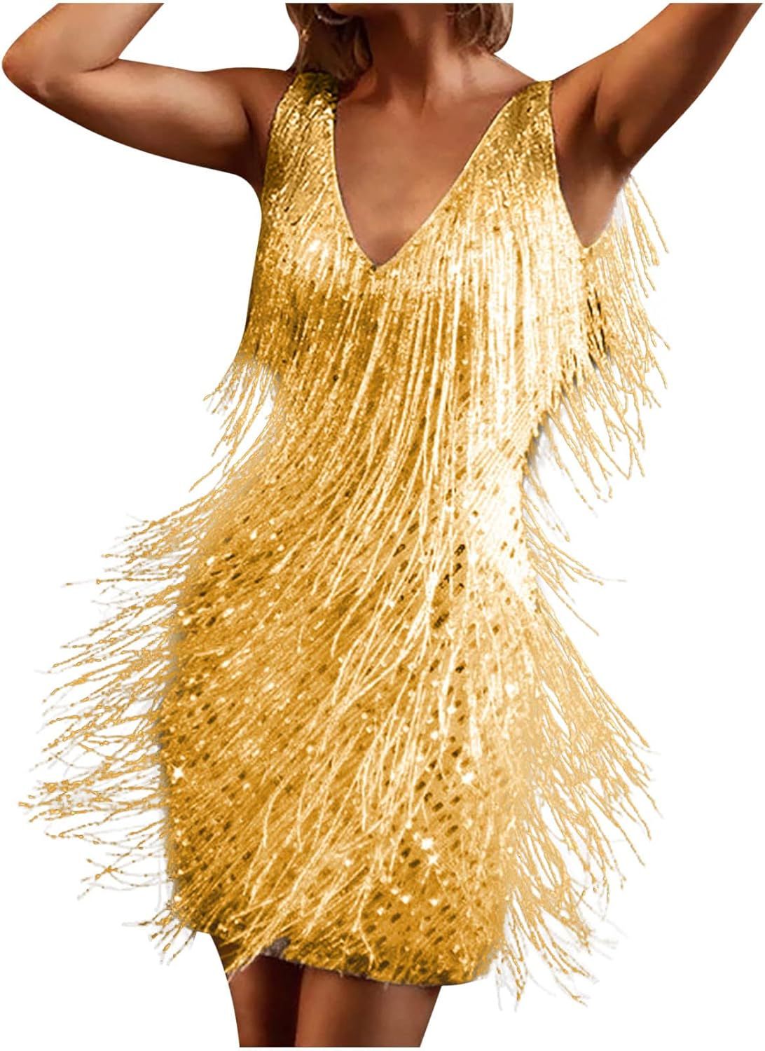 Ctreela Sequin Tassel Party Mini Dress Women's Sexy Shiny Fringe Dance Dress Club Evening Latin S... | Amazon (US)