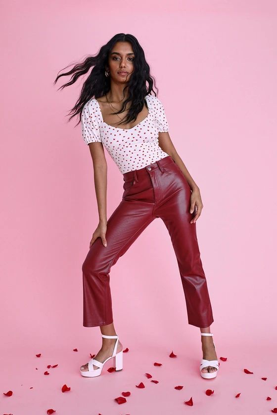 Lennon Wine Red Vegan Leather High Rise Cropped Flare Pants | Lulus (US)